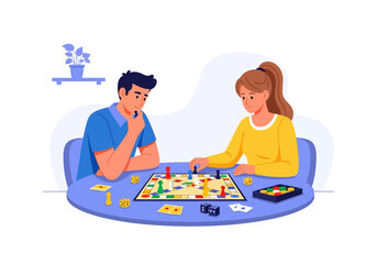 Man and woman focused on a board game. Suitable for recreational or leisure activities, couples spending quality time, and indoor hobbies.
