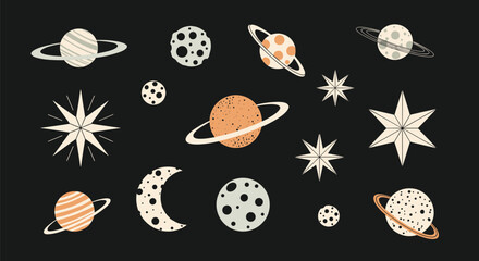 Celestial bodies and stars in a minimalist, bohemian-style pattern against a dark cosmic background.