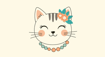 An adorable cartoon cat head illustration with closed eyes and a gentle smile, adorned with a whimsical floral headband and a colorful beaded necklace.