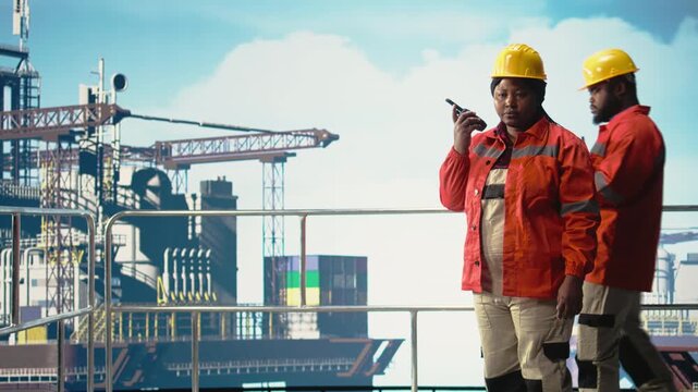 Drilling rig worker using walkie talkie enabling quick response coordination, performing maintenance. Engineer listens to status report through handheld radio, managing logistics, camera A