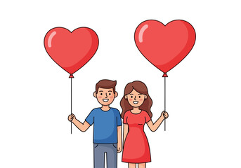 Couple holds heartshaped balloons on white background. Ideal for valentines day, love, romance, celebrations, and greeting cards. Emotional concept.