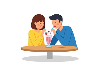 Couple enjoys strawberry milkshake, sharing with two straws. Romantic date, love, relationships, food, dessert, intimacy, sharing, affection concepts.