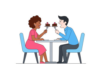 Couple enjoying chocolate cakes at blue table, perfect for restaurant promotions, food blogs, romantic occasions, dessert menus, and cafes.