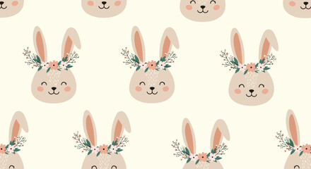 Seamless pattern of adorable smiling bunny faces adorned with delicate floral crowns, set against a soft beige background, perfect for spring and Easter designs.