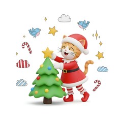 3d illustration of cartoon cat in santa costume decorating christmas tree isolated on white background