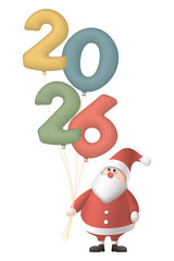 Santa Claus holding colorful balloons shaped like the number 2026 isolated