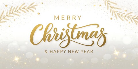 Elegant golden merry Christmas and happy new year greeting with subtle festive bokeh lights and floral accents