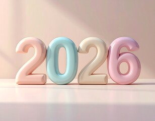 Pastel-colored, glossy 3D numerals spelling the year 2026