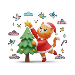 Fototapeta premium 3d illustration of a cat decorates a christmas tree isolated on white background in 3d
