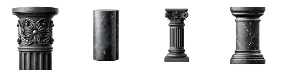 Collection of Classic Black Marble Columns Isolated on White