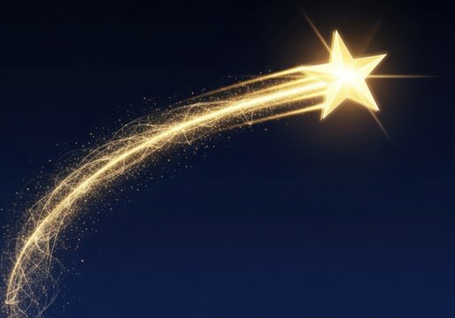 Bright golden star streaking across a dark blue night sky, leaving a trail of sparkling light glitter