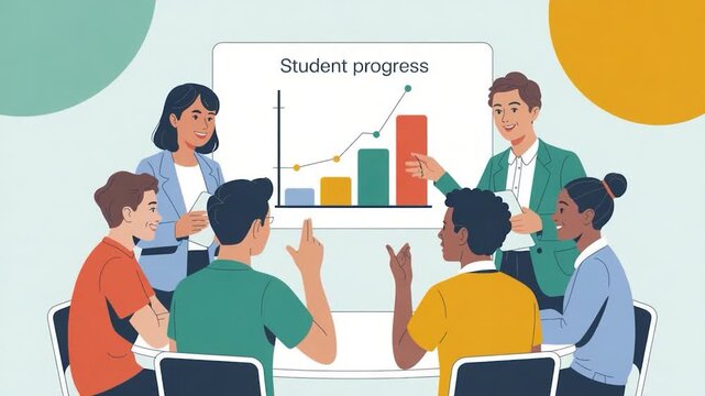 Teachers and students analyze student progress data in a collaborative classroom setting.