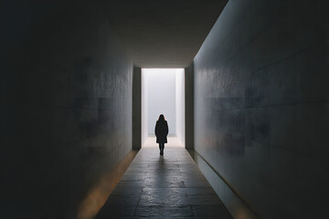Fototapeta premium Silhouette of Serenity: A lone figure walks into the light at the end of a long, dimly lit corridor, embodying solitude and a journey towards hope.