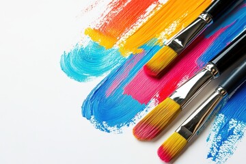 Obraz premium vibrant paint swatches and brushes on white background.