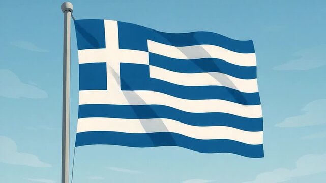 The Greek National Flag Waving Proudly Against a Clear Blue Sky.