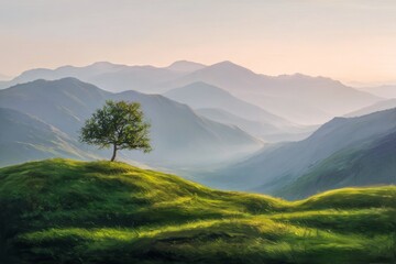 Fototapeta premium A solitary tree stands sentinel atop a verdant hill, overlooking a serene valley, with misty mountain ranges creating a tranquil and peaceful scene.