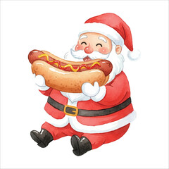 Santa Eating Hot Dog Watercolor Vector
