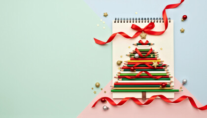 Creative Christmas Tree Made from Colored Pencils and Red Ribbon on Pastel Background.Christmas and New Year concept