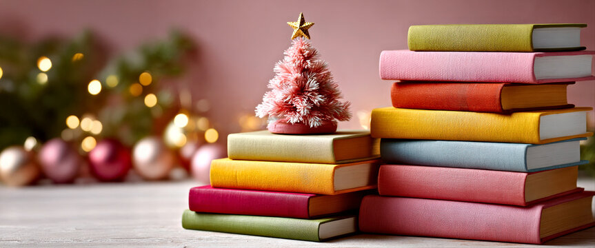 Festive Holiday Decor: Mini Christmas Tree on Stacked Colorful Books with Warm Bokeh Lights.Christmas and New Year concept