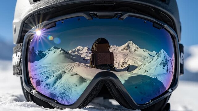 Close Up of Ski Goggles Reflecting Snow Mountain Landscape