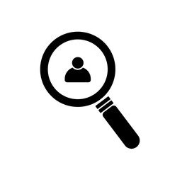 User search and people discovery vector icon. Magnifying glass analyzing an anonymous person profile symbol for human resources, recruitment, and account management