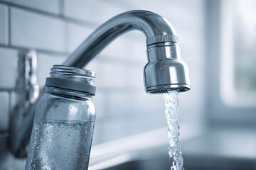 Water Flowing: Capturing the simple elegance of flowing water, as a gentle stream cascades from a metallic faucet into a transparent bottle, this photo evokes a sense of purity and renewal.