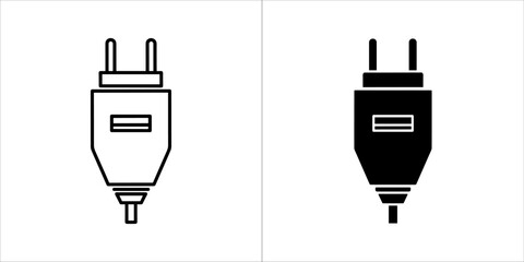 Two electrical plugs, one in outline and one in solid black
