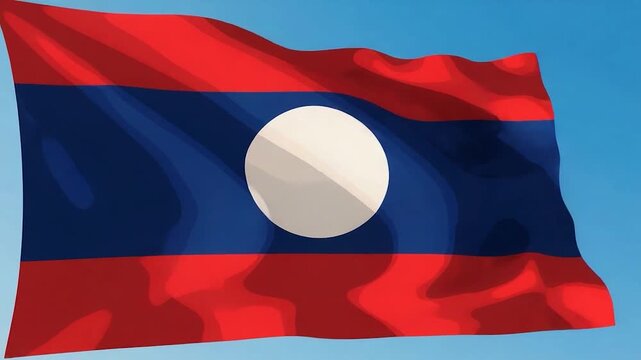 The National Flag of Laos Waving Proudly in the Wind Against a Clear Blue Sky.