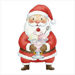 Santa Eating Ice Cream Sundae Watercolor Vector
