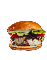 cheeseburger with beef, cheese, lettuce, and tomato on a bun, isolated fast food meal on white
PNG