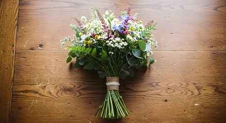 Wildflower bouquet tied with twine on a rustic wooden table, natural light