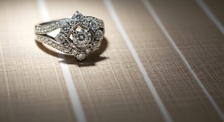 Elegant diamond engagement ring sparkling on a textured surface, symbolizing love and commitment.
