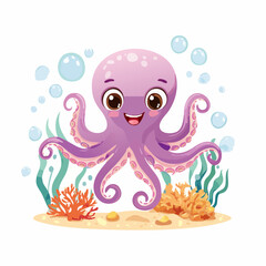 Fototapeta premium A cute purple cartoon octopus with big eyes smiling happily underwater surrounded by bubbles, seaweed, and coral.