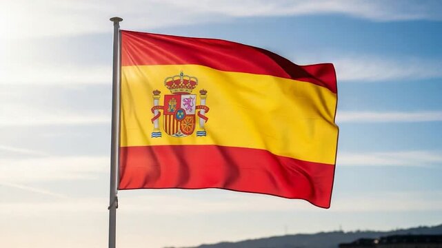 The Spanish Flag Waving Proudly in the Wind Against a Blue Sky.