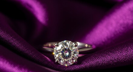 Luxurious diamond engagement ring sparkling on rich purple satin fabric background