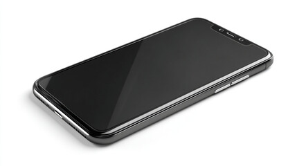 A close up shot of a black smartphone lying flat on a white surface