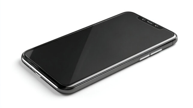 A close up shot of a black smartphone lying flat on a white surface