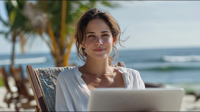 A young woman with brown hair sits on a beach chair, using a laptop. The ocean and palm trees are visible in the background, creating a relaxed atmosphere.
