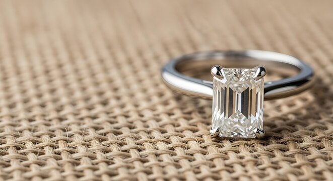 Elegant emerald cut diamond ring resting on textured woven surface, representing luxury and commitment.