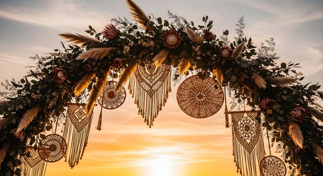 Stunning boho wedding arch decorated with flowers and macrame against a warm sunset sky.