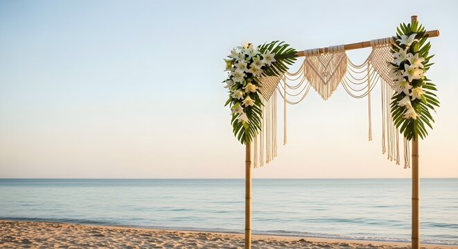 A beautiful macrame wedding arch adorned with flowers and greenery on a serene beach at sunset.
