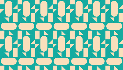 A seamless minimalist geometric pattern featuring beige oval and triangle shapes arranged in a grid on a teal background. The retro-modern design gives a clean and balanced look