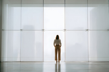 Fototapeta premium Solitary Reflection: A lone figure stands facing a grand glass wall, immersed in a moment of introspection, with an emphasis on minimalist design and open space