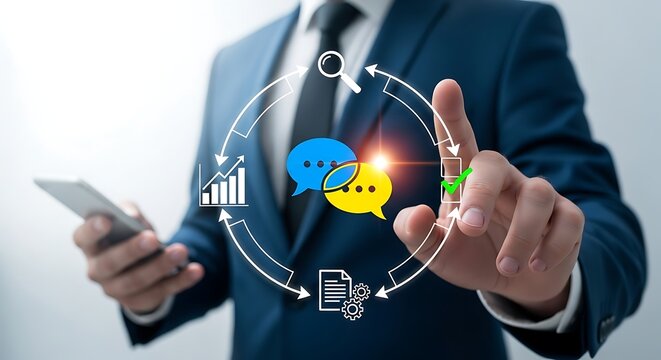Businessman interacting with digital interface showing communication data analysis and workflow optimization for business success