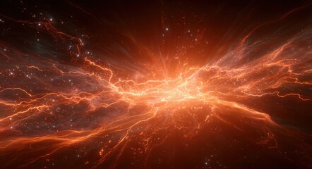 Beautiful cosmic nebula with orange red glowing filaments against dark starry background. Abstract astronomic universe galaxy space concept with stars and cosmic dust.