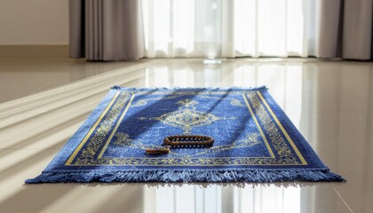 Islamic prayer mat and tasbih beads placed on the floor with sunlight through window. Concept of faith, peace, spirituality, and daily prayer at home.
