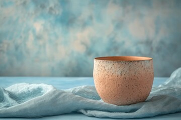 Light terracotta bowl on a light blue cloth.