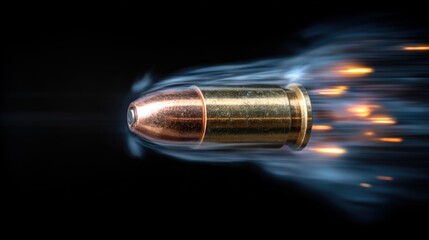 Detailed close-up of bullet with copper jacket and brass casing against dark background with motion blur effects. Ammunition, weapon, military defense concept.