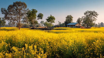 Obraz premium Yellow flowers field with trees and house under a blue sky landscape