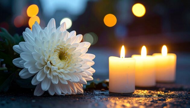 White chrysanthemum flower and burning candles on dark street. Funeral concept.